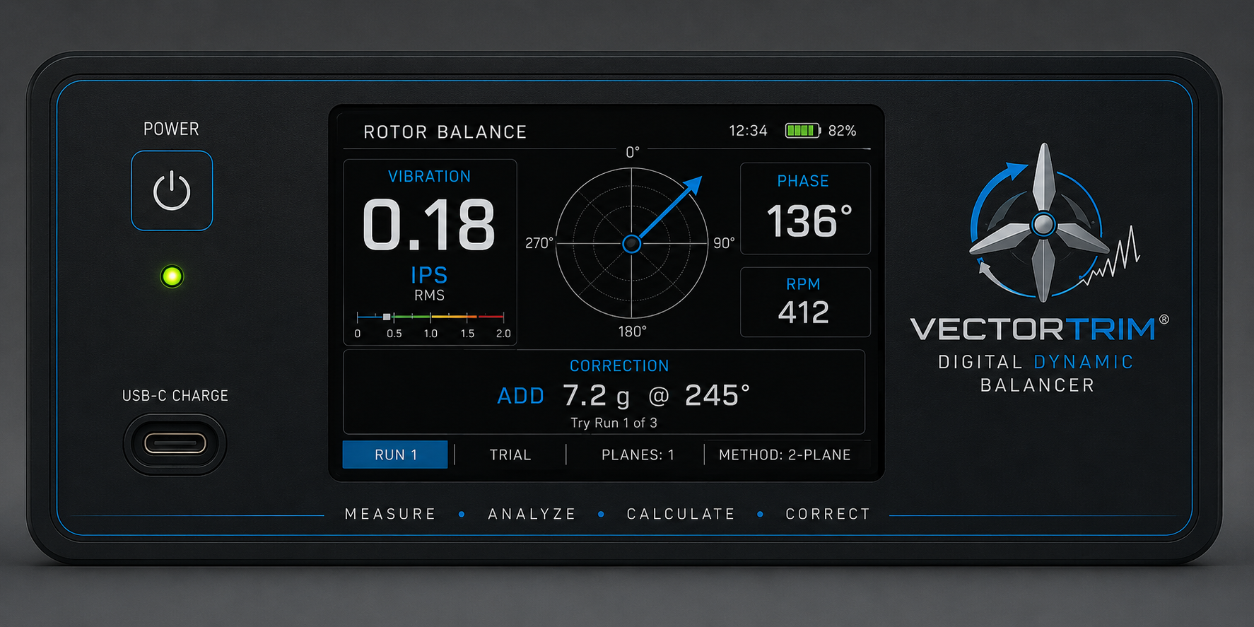 VectorTrim front-panel concept showing a centered TFT, left-side power and charge controls, and Digital Dynamic Balancer branding